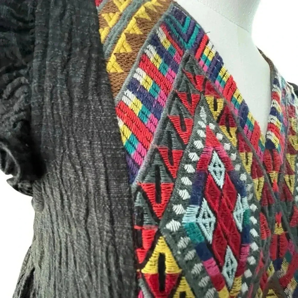 THML Women Small Dress Black Cotton Rayon‎ Embroidery Flutter Aztec Western SW - Picture 2 of 13